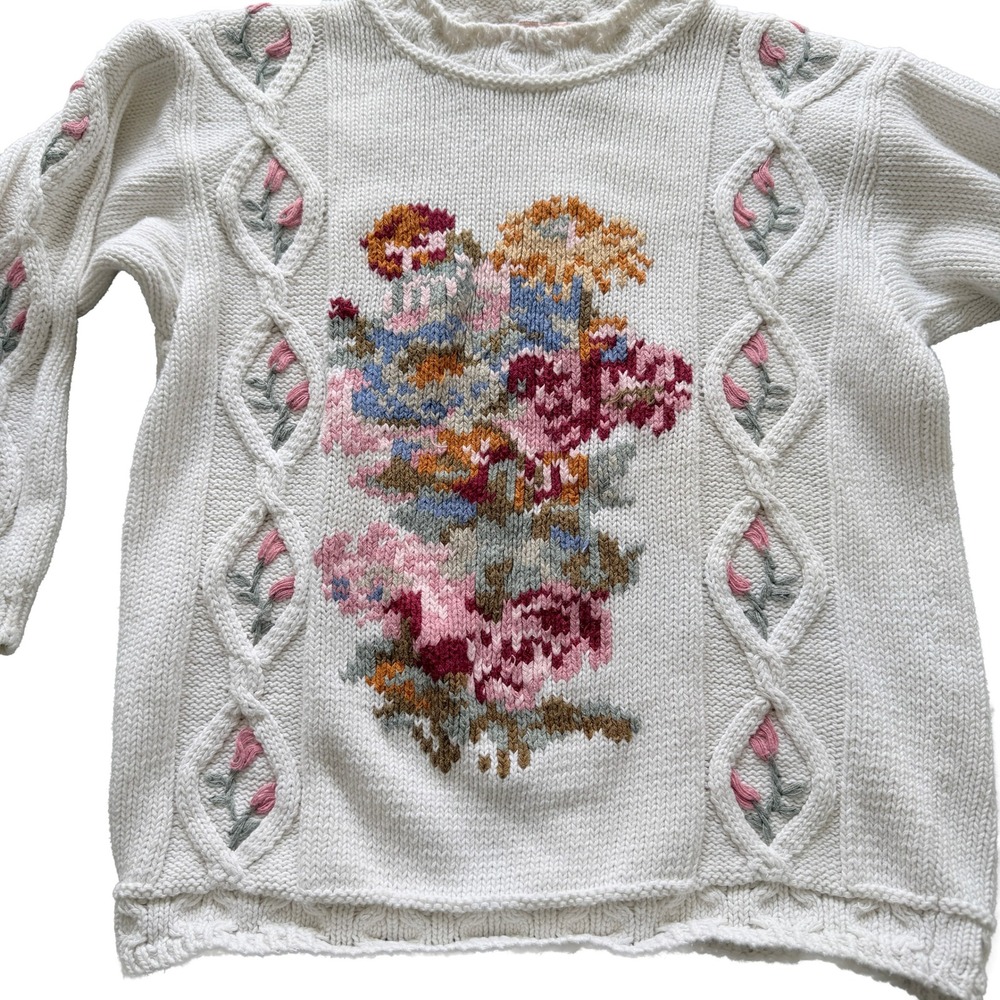 Vintage Canary Collection Island Floral Knit Sweater White Ramie Cotton Sz M - Picture 2 of 7
